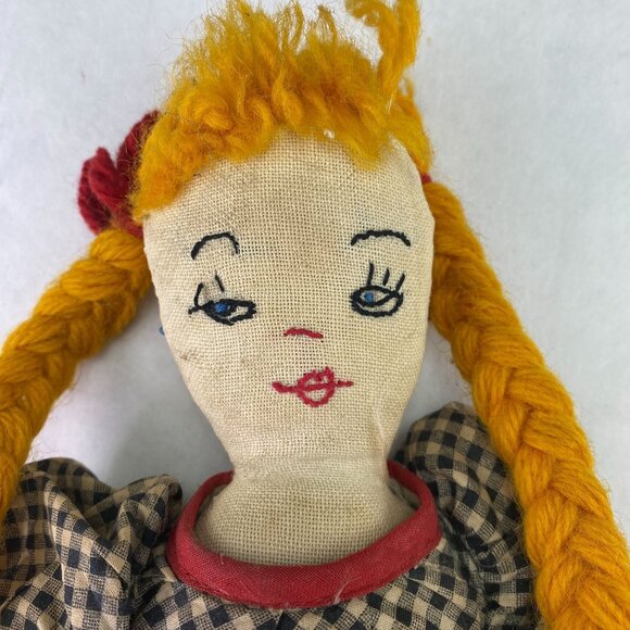 Vintage Hand Made Bed Sitting Pillow Doll Yarn Pigtails - Picture 2 of 9